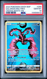 2023 POKEMON SWSH BLACK STAR PROMO GALARIAN MOLTRES #284 CROWN ZENITH TIN PSA 10 front - PSA cert 144698413