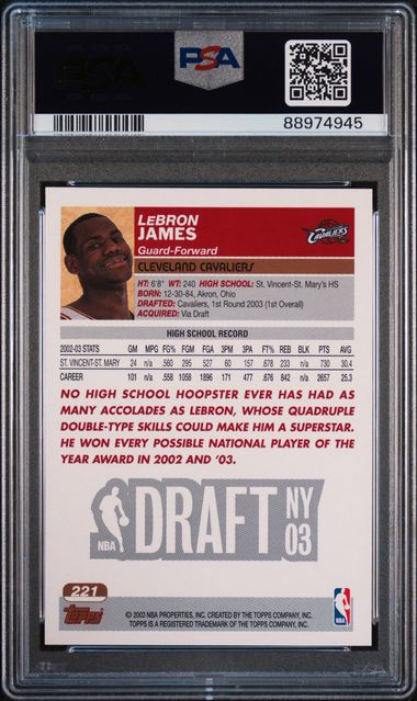 2003 TOPPS LEBRON JAMES #221 PSA 9 back - PSA cert 88974945