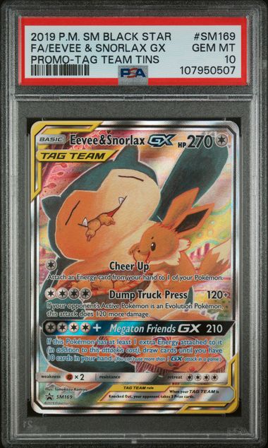 2019 POKEMON SM BLACK STAR PROMO EEVEE & SNORLAX GX #SM169 PROMO-TAG TEAM TINS PSA 10 front - PSA cert 107950507