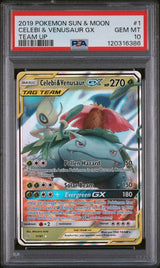 2019 POKEMON SUN & MOON TEAM UP CELEBI & VENUSAUR GX #1 TEAM UP PSA 10 front - PSA cert 120316386
