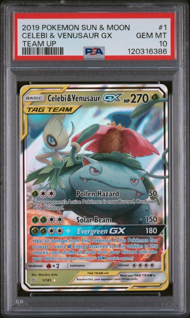 2019 POKEMON SUN & MOON TEAM UP CELEBI & VENUSAUR GX #1 TEAM UP PSA 10 front - PSA cert 120316386