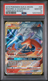 2019 POKEMON SUN & MOON UNBROKEN BONDS RESHRM. & CHARZRD.GX #20 UNBROKEN BONDS PSA 10 front - PSA cert 120316394
