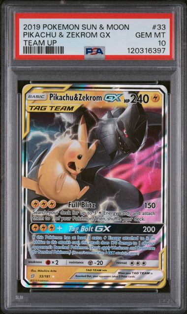 2019 POKEMON SUN & MOON TEAM UP PIKACHU & ZEKROM GX #33 TEAM UP PSA 10 front - PSA cert 120316397