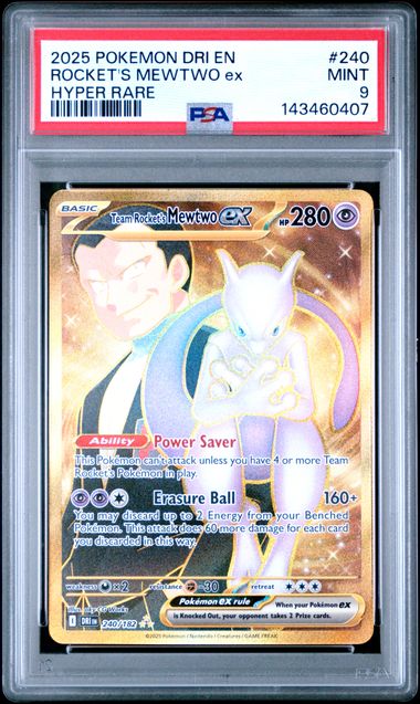2025 POKEMON DRI EN-DESTINED RIVALS ROCKET'S MEWTWO EX #240 HYPER RARE PSA 9 front - PSA cert 143460407