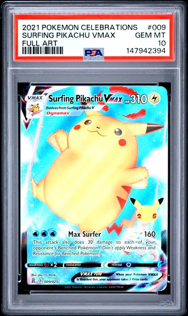 2021 POKEMON CELEBRATIONS SURFING PIKACHU VMAX #009 FULL ART PSA 10 front - PSA cert 147942394