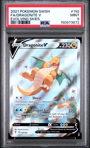 2021 POKEMON SWORD & SHIELD EVOLVING SKIES DRAGONITE V #192 EVOLVING SKIES PSA 9 front - PSA cert 150973872