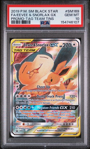 2019 POKEMON SM BLACK STAR PROMO EEVEE & SNORLAX GX #SM169 PROMO-TAG TEAM TINS PSA 10 front - PSA cert 154746107