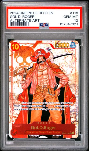2024 ONE PIECE OP09-EMPERORS IN THE NEW WORLD GOL D. ROGER #118 ALTERNATE ART PSA 10 front - PSA cert 157347921