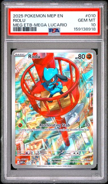 2025 POKEMON MEP EN-ME BLACK STAR PROMO RIOLU #010 MEG ETB-MEGA LUCARIO PSA 10 front - PSA cert 159138918