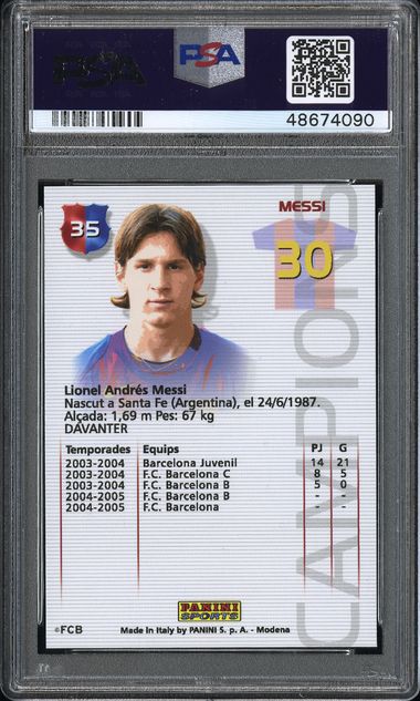 2004-05 PANINI SPORTS MEGA CRACKS BARCA LIONEL MESSI #35 MEGA CRACKS BARCA-CAMPIO PSA 6 back - PSA cert 48674090