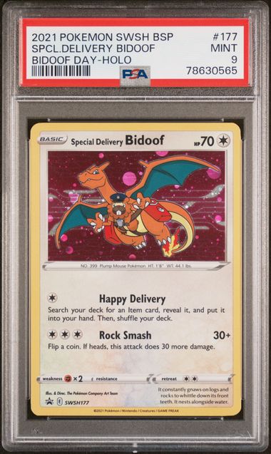 2021 POKEMON SWSH BLACK STAR PROMO SPCL.DELIVERY BIDOOF #177 BIDOOF DAY-HOLO PSA 9 front - PSA cert 78630565